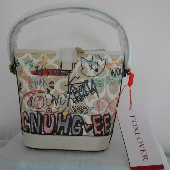 FOXLOVER Coated Canvas Small Bucket Crossbody/Shoulder Bag Purse Graffiti-NWT - Picture 2 of 7